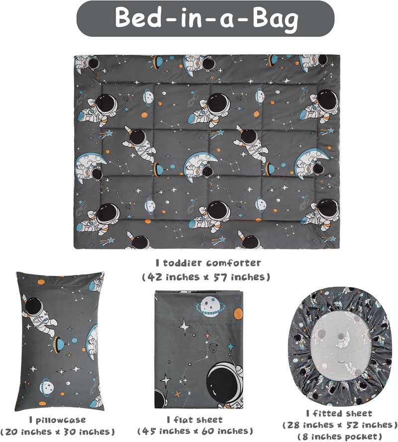 JSD Grey Astronaut Toddler Bedding Set, 4 Piece Space Theme Bed-in-a-Bag Comforter Sheet Set, Machine Washable - Image 4